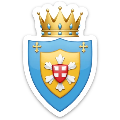 Bandera de Galicia: Emoji de bandera 2:3. Fondo blanco con franja diagonal azul celeste (de arriba izquierda a abajo derecha). En el centro, escudo azul con cáliz dorado y hostia blanca, siete cruces blancas alrededor y corona real dorada y roja encima. Estilo plano tipo emoji, colores sólidos. sticker