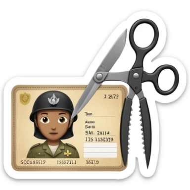 Floating black Scissors cutting in half an idf soldier ID card with a little chip in 2 parts sticker