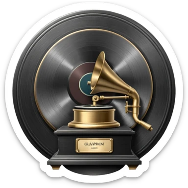 A dark metal platinum music award plaque The center features a relief of a vintage gramophone or stylized vinyl record in a slightly darker metallic tone sticker