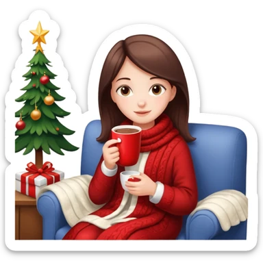 Girl celebrate christmas on the sofa, with hot chocolate, warm sock, warm blanket sticker