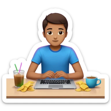 A boy sitting at 3AM with motivational quotes open on laptop, but chips and chai everywhere. Caption: ‘Kal se life sudharta hu.’ Bright neon lights, meme-styled highlights." sticker