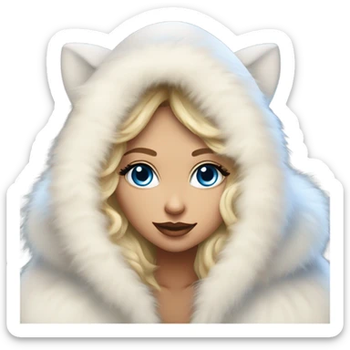 Tanned Girl with lashes and blue eyes, blonde hair, in an extremely big fluffy oversized white fur coat with hood on. The fur is real and it’s very obvious big and fluffy, aestheticism sticker