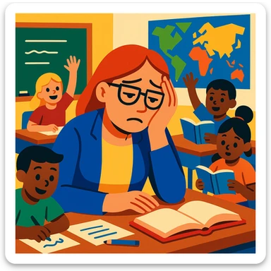 exhausted teacher in a bustling classroom sticker