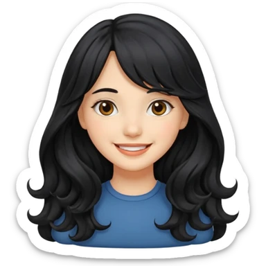 Please generate a portrait of a pretty girl with long, wavy, black hair. She's smiling. She also wears a middle parting and bangs. sticker