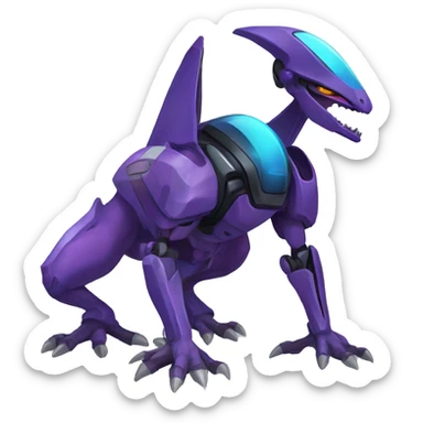 a black-blue-purple Genesect-Raptor-Fakémon—hybrid with a futuristic visor-helmet full body sticker