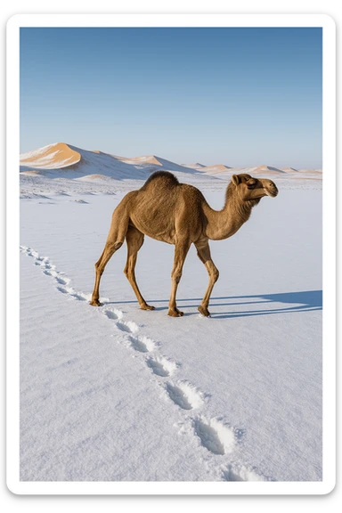 camel walking through a snowy desert, footprints in the snow, distant dunes sticker