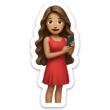 a white girl with log brown hair in a red dress holding a cell phone showing it sticker