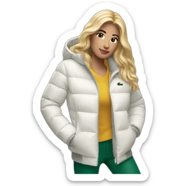 blond latina woman using Lacoste puffer jacket sticker