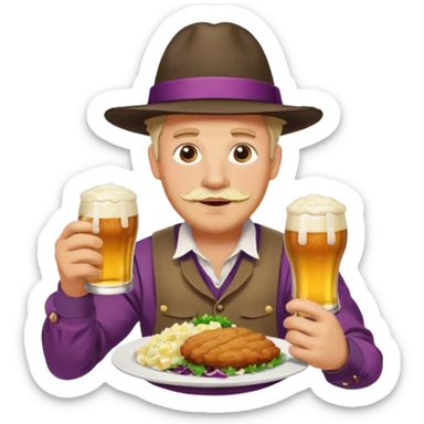 German man eating schnitzel, potato salad, red cabbage, sauerkraut, and beer sticker