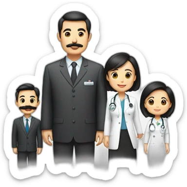 father middle age with dark brown hair and mustache and trimmed beard wearing a suit, mother asian middle age with black shoulder length hair wearing a nurse uniform sticker