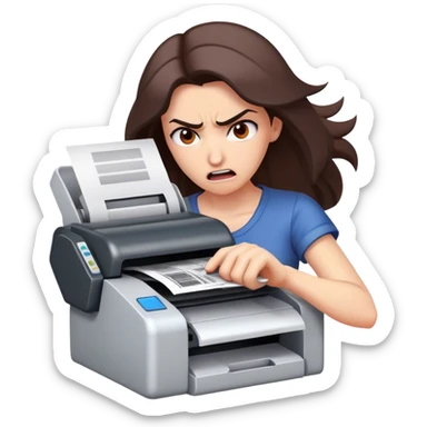 woman shaking printer in anger sticker