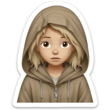 Young beggar little girl character, chest-up portrait, wearing worn and oversized clothes, hair is visible, no hat or such, neutral earth-tone fabric, slightly messy hair peeking from under a hood, tired but gentle eyes, subtle dirt marks on face, sticker