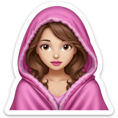 girl with long wavy brown hair, brown eyes, long lashes makeup, sexy pink lips, light to medium complexion, wearing a pink sexy silk top, big blanket over the head cozy holding a cat, remove the cat ears on the hood sticker