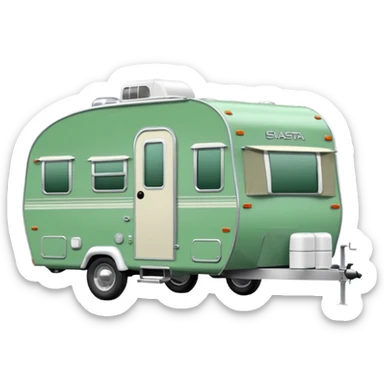 Shasta travel trailer, colored all green, the same green shade as movie trailer green preview card, light grey tires and grey hitch sticker