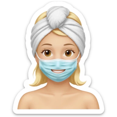 Chica rubia con toalla en la cabeza y mascarilla en la cara sticker