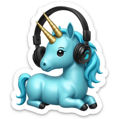 Unicornio bebé cyan sentado escuchando música con auriculares negros sticker