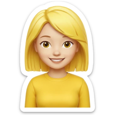 A 3D cartoon female character fully in yellow tones — skin, hair, and outfit all yellow — smiling gently, medium-length hair, cinematic Memoji-style rendering, cohesive with other yellow character sticker