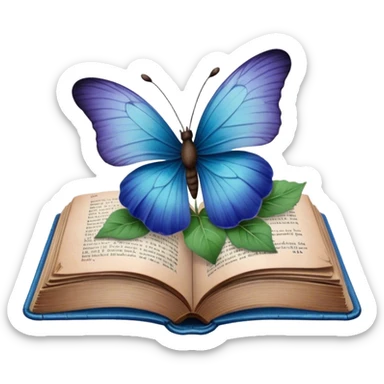 A vintage book with a worn blue cover, open to reveal pressed pansies and a resting green butterfly. sticker