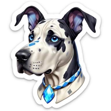 Cinematic Noble Harlequin Great Dane Portrait Emoji, Poised and regal, with a towering, muscular build and a striking coat of predominantly white with bold black patches, deep-set soulful blue eyes, Simplified yet sharp and sophisticated features, highly detailed, glowing with a soft, dignified glow, high shine, intelligent and loyal, stylized with an air of majesty, focused and attentive, soft glowing outline, capturing the essence of a watchful and confident guardian, so majestic it feels as though it could stride out of the screen with effortless authority! sticker