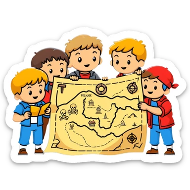group of goonies kids examining a treasure map sticker