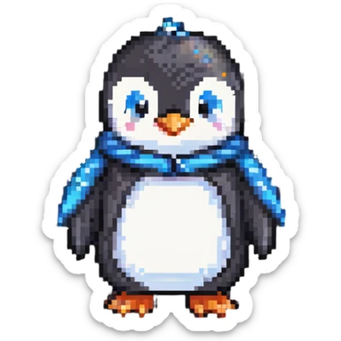 a penguin wearing pajamas, pixel art style, cute and cozy sticker