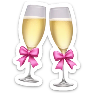 2 Champagne glasses tilted and the top touching each other with pink bow sticker