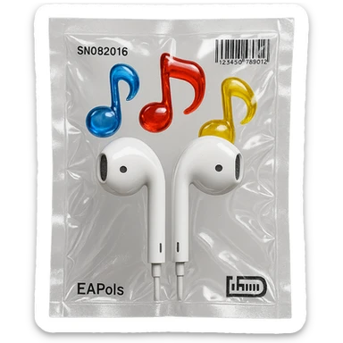 pair of white EarPods with three floating transparent glass music notes in primary colors, glossy and inflated, vacuum-sealed style sticker