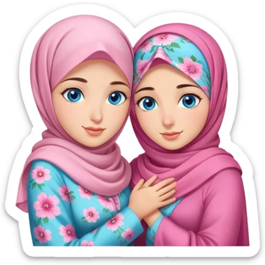 Two best friends Turkish girls beautiful finish Konya blue eyes with pink floral hijab and dress huging  sticker