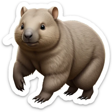 cinematic-stout wombat-realistic-fluffy full-body-waddling-emoji,-stout-muscular-frame-covered-in-coarse-brown-fur,-short-powerful-legs-trotting-determinedly-through-bushland,-round-dark-eyes-filled-with-calm-confidence,-tiny-rounded-ears-twitching-slightly,-strong-digging-claws-visible-on-sturdy-paws,-simplified-yet-realistic-focused-features,-highly-detailed,-glowing-with-a-subtle-earthy-glow sticker