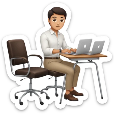 Rich man working on a chair at office in shirt, dark hair, and near the desk with laptop he is german very beautiful looks like, full body view sticker