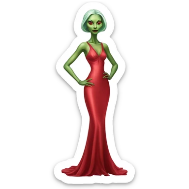 reptilian green alien woman, in long slim pastel red formal party satin dress with gradient shiny sparkling dark red, full figure, full body sticker