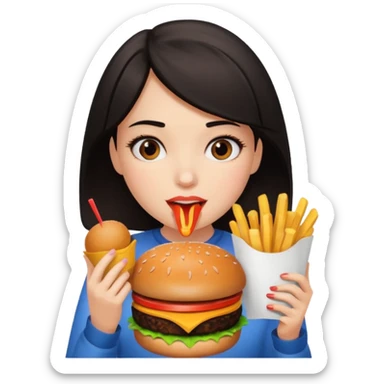 Dark haired girl eating lots of unhealthy food  sticker