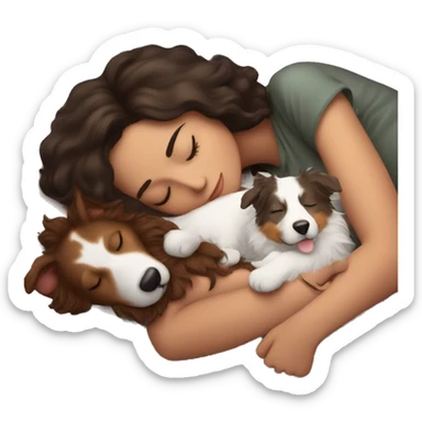 brunette woman sleeping with red tri australian shepherd sticker