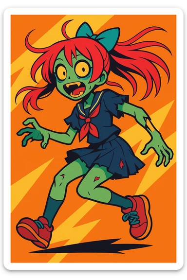 a zombie girl with long wispy hair, vibrant anime style, bright colors, dynamic pose sticker