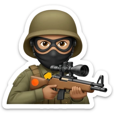 Close-up of a masked army soldier looking through the crosshair of his rifle  as seen from the side as he takes aim sticker