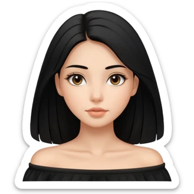 A realistic 3D avatar of a young woman with a soft oval face, slim cheeks, natural almond eyes, long straight black hair, minimal makeup, wearing a black off-shoulder top, elegant and aesthetic, tanned skintone. sticker