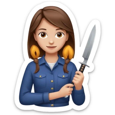 A girl whit brown hair, brown eyes a lite smile and in her back she has in her hand a knife  sticker