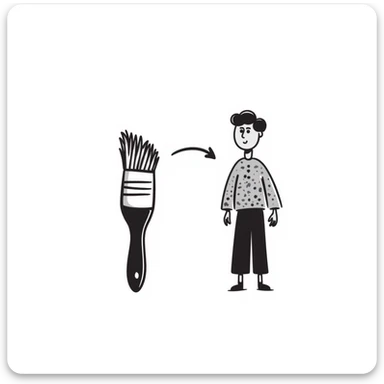 A paintbrush morphing into a metal human figure sculpture, representing artistic identity, with sculptural texture and dimension sticker