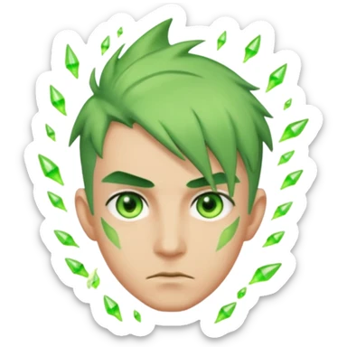 Make an emoji of a 🙎🏼‍♂️with green hair spiking up with a green aura around him sticker