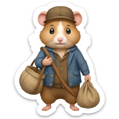 cartoon-style hamster poor hobo carrying a bindle over its shoulder with a sad expression. sticker