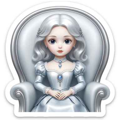 Cinematic and Ultra realistic 32k HD hauntingly beautiful porcelain doll sitting in a chair, Balanced features, highly detailed, glowing with silver light, high shine, remembrance, a painting of white silver, fanciful, enchanting. The image is so lifelike it could leap off the canvas at any moment sticker
