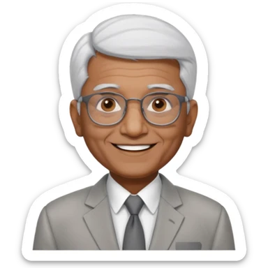 70 yr old indian man, short straight white hair brushed foreward , light grey business suit, big smile, dark brown skin, no moustache, dark brown eyes, glasses
 sticker