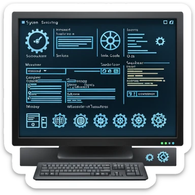 An icon featuring a computer screen with an operating system interface, showing windows, icons, and a taskbar. The design includes code snippets, system settings, and a gear symbol, representing the management and control of computer hardware and software. Transparent background highlights OS architecture. sticker