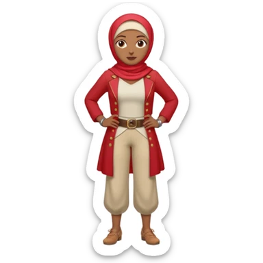 Heavy-set woman with medium-brown skin wearing a light red hijab, cream top, light red pants, tan shoes, and a visible gray pirate peg leg. Standing confidently with one hand on her hip sticker