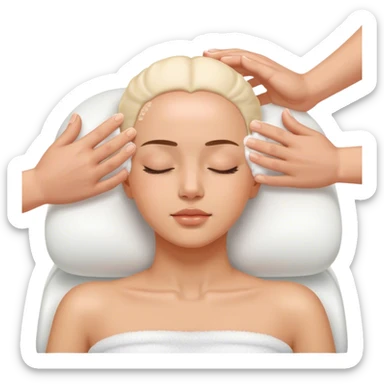 Una persona relajada con los ojos cerrados mientras recibe un masaje en el cuero cabelludo con espuma. Las manos del terapeuta están suavemente aplicando presión sobre su cabeza. sticker