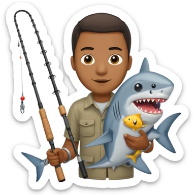 Black man holding a fishing pole with a shark at the end, emoji style sticker