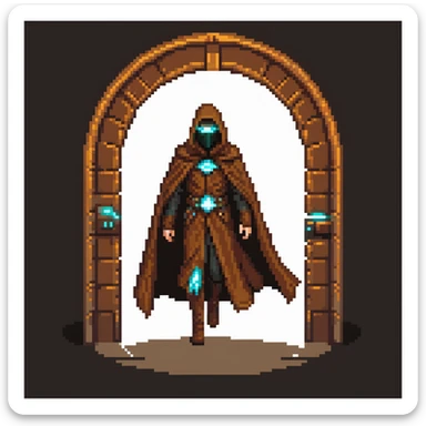 A mysterious man with a brown cloak and futuristic high-tech mask stepping out of a glowing portal sticker