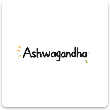 The word "Ashwagandha" hand-drawn in a simple style with minimal colors. The text should be clean and readable with just a few essential color accents. sticker