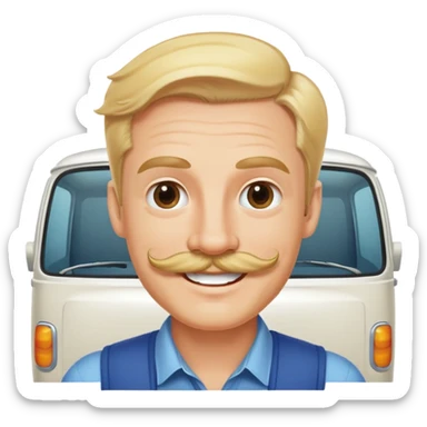 A blonde man with a Van Dyke moustache smiling sticker