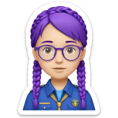blue uniform wearing scout kid with braids and glassess with hat purple haired sticker